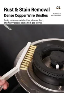 Close-up of copper wire brush removing rust and stains from gas stove burner.