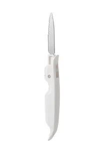 Close-up of a white folding kitchen scraper with a stainless steel serrated cleaning blade