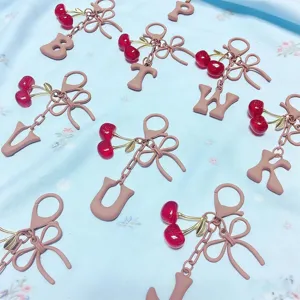 Cute pink bow cherry alphabet keychain metal bag charm cute sweet pendant accessory