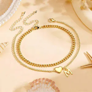 Double layer gold color anklet with heart and letter M pendant for summer beach.