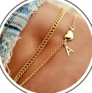 Fashion Copper Double Layer Anklet For Women Gold Plated Initial Letter Heart Charm Cuban Link Chain Beach Vacation Jewelry