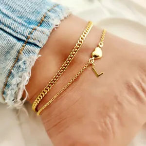 Gold Double Layer Anklet with Heart and Letter L Pendant Fashion Beach Foot Jewelry