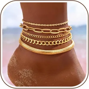 Bohemian Stainless Steel Multilayer Anklet For Women Girls Beach Vacation Cuban Link Chain Rhinestone Foot Jewelry