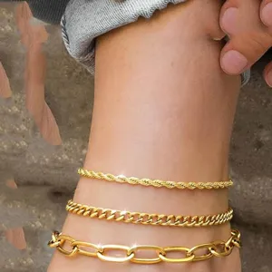 Gold layered anklets for women, stainless steel Cuban link beach ankle bracelet fashion jewelry.