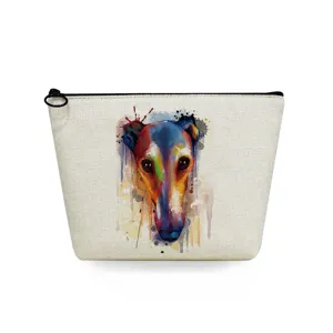 Borsa per cosmetici in tela con stampa di cane ad acquerello e pratica cerniera nera.