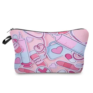 Cute cartoon medical print cosmetic bag, pink travel makeup pouch and toiletry organizer.