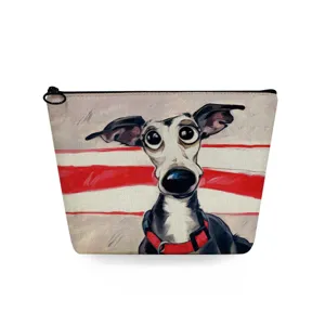 Dettaglio borsa trucco in tela, stampa d'arte cane carino, pochette cosmetica con cerniera.
