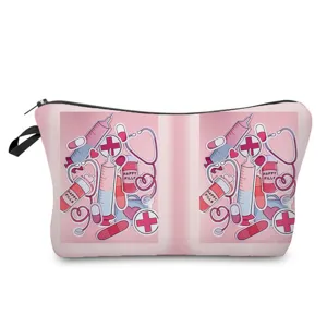 Detail view of the pink medical theme makeup bag featuring cute cartoon nurse accessories print.