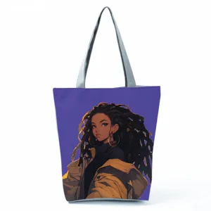 Fashion canvas tote bag with cool black girl print, stylish casual shoulder handbag for women