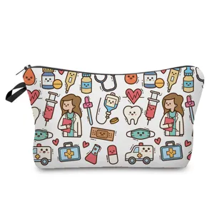 Cute cartoon medical print cosmetic bag, nurse makeup storage pouch, travel toiletry organizer.