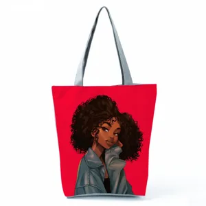 Close-up detail of the stylish canvas tote bag featuring the black curly hair girl print.