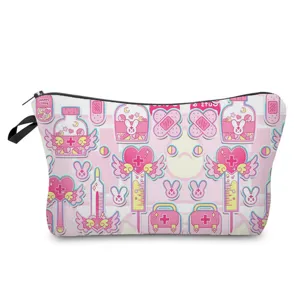 Cute cartoon medical print cosmetic bag, pink travel toiletry storage pouch with zipper.