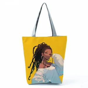Detailed view of the yellow canvas tote bag featuring a cute anime girl print close-up.
