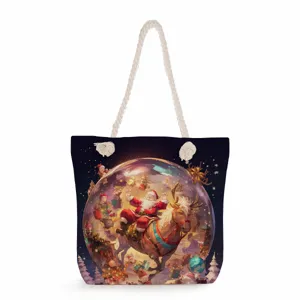 Weihnachts-Kristallkugel-Druck Canvas-Tragetasche Detail, Winter-Urlaub Schultertasche mit Seilgriffen.