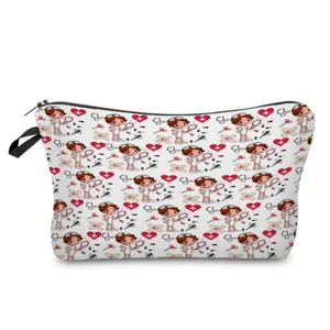 Cute cartoon nurse cosmetic bag, portable travel toiletry pouch with zipper closure.