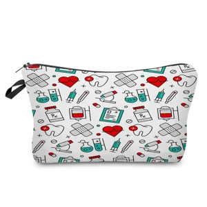 Detail view of the cute medical icon print makeup bag with zipper and handle, white fabric.