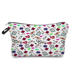 Detailed view of the cute medical themed makeup pouch with vibrant medical pattern print.