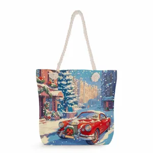 Weihnachten Weihnachtsmann Druck Leinen Tragetasche Festliche Schneeszene Rentier Canvas Schultertasche Geschenkbeutel Handtasche