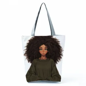 Canvas tote bag detail shot showing the stylish black girl anime print and gray shoulder straps.
