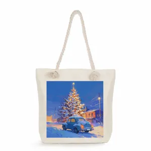 Leinentasche mit winterlichem Weihnachtsbaum und blauem Autodruck, tolles Geschenktasche.