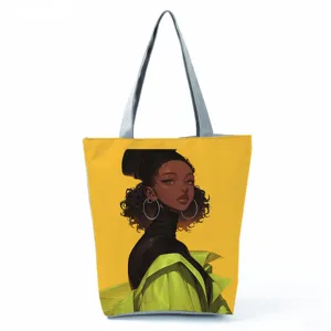 Canvas tote bag featuring a chic Black girl art print. Durable shoulder bag for daily use.
