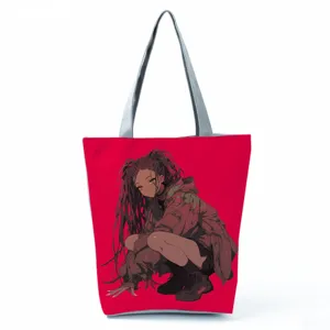 Canvas tote bag with anime dark-skinned girl print, stylish casual single shoulder bag.