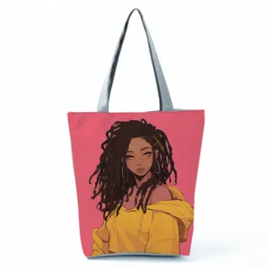 Canvas tote bag with anime girl print, stylish casual shoulder bag for daily use.