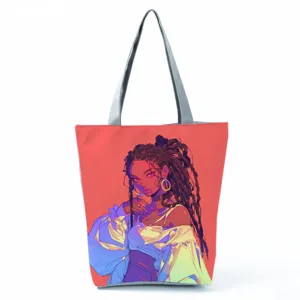 Canvas tote bag detail showcasing vibrant anime girl print and durable grey shoulder straps.