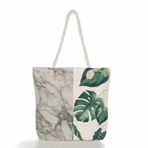 Sac Cabas Femme Grande Capacité Sac à Épaule en Toile de Lin Poignée en Corde Marbre Feuille Verte Imprimé Floral Sac de Shopping Plage