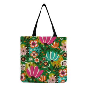 Dettaglio borsa shopper in tela con stampa floreale, borsa a spalla retrò, borsa spesa.