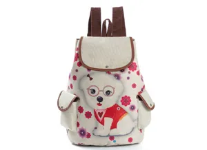 Süßer Cartoon Welpe Leinen Damen Rucksack mit Vordertaschen und bequemen Schultergurten.