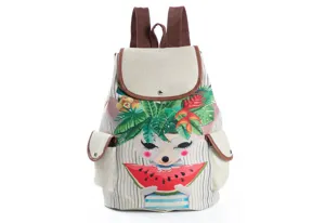 Süßer Cartoon-Tier-Leinen-Rucksack mit Wassermelonen-Druck, Freizeitschulrucksack für Damen.