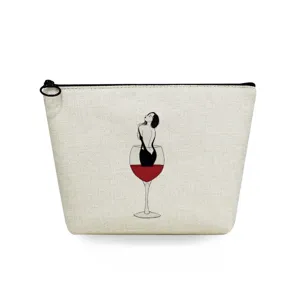 Bolsa cosmetica de lona con impresion mujer copa de vino, elegante estuche con cremallera.