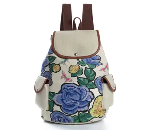Blumen bestickter Canvas Rucksack für Damen, lässiger Vintage Tagesrucksack mit Taschen.