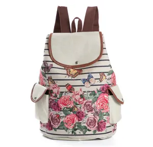 Canvas Blumen Rucksack für Damen, süßer Schmetterling Rosen Print Vintage Schulranzen Reise Tagesrucksack