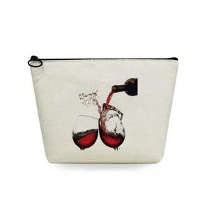 Bolsa de Cosméticos de Lino Estuche con Cremallera Organizador de Aseo Portátil Estampado Copa de Vino Mariposa Neceser de Viaje Mujer