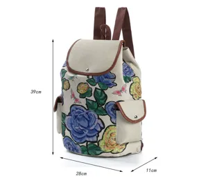 Detailansicht des Leinen-Rucksacks mit Blumenstickerei und den Maßen 39x28x11 cm.
