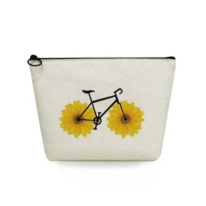 Vista detallada del elegante bolso cosmético de lona con estampado de bicicleta y girasol.