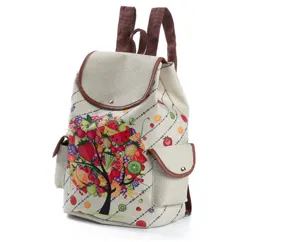 Detailansicht des Canvas-Rucksacks mit buntem Obstgarten-Druck und braunen Riemen.