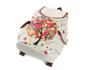 Leinwand Rucksack für Damen mit buntem Obstbaum Druck, lässige Vintage Schultasche