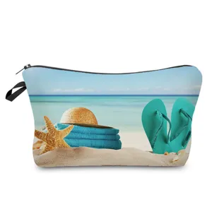 Trousse de toilette de voyage en toile imprimée plage, pochette de maquillage zippée.