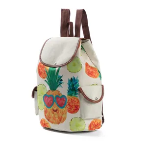 Lederoptik Canvas Rucksack Ananas Muster Damen Schultertasche Freizeit Schultasche