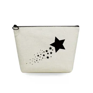Bolsa de maquillaje de lona con estampado de estrella fugaz negra, cremallera, detalle.
