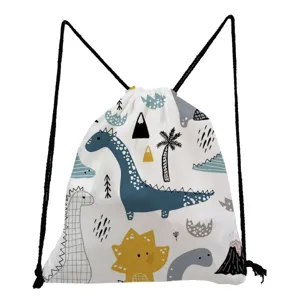 Cute cartoon dinosaur print canvas drawstring backpack, lightweight casual school daypack.
