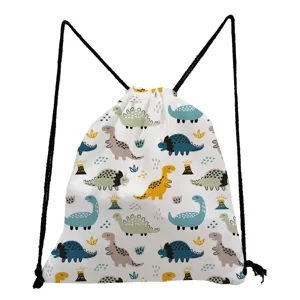 Cute cartoon dinosaur print drawstring backpack for kids and students casual daily use.