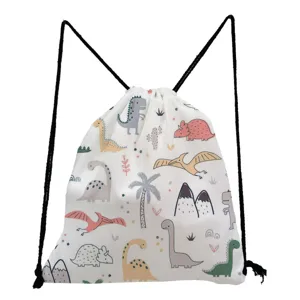 Detailed view of the cute cartoon dinosaur print drawstring backpack with black cords.
