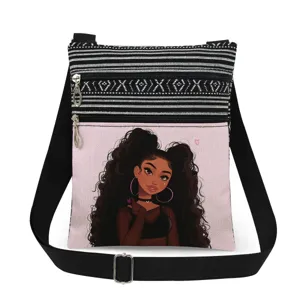 Details of the cute black girl print crossbody bag with double zippers and striped pattern.