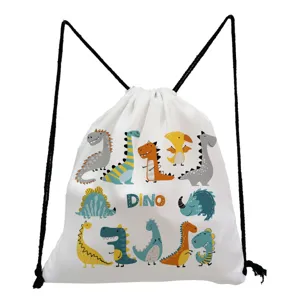 Close-up detail of the cute cartoon dinosaur print and DINO letter on the white drawstring bag.
