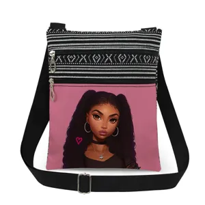 Cute Black Girl Print Canvas Crossbody Bag Casual Double Zipper Messenger Shoulder Bag Lightweight Handbag For Women