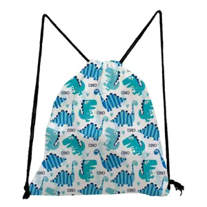 Detailed view of white drawstring backpack with blue cute dinosaur print and black cords close up.
